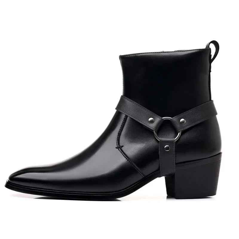 Durable men's slip-on ankle cowboy boots. Classic western harness design, pointed toe, and sturdy block heel.