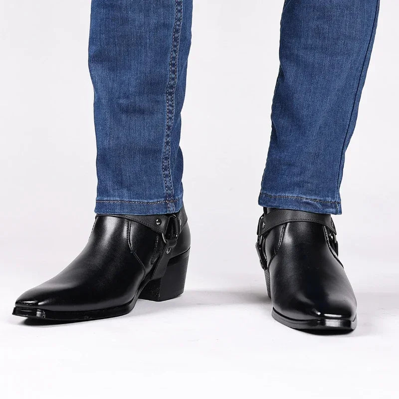 Classic men's western ankle boots, featuring a stylish harness, pointed toe, and comfortable block heel.