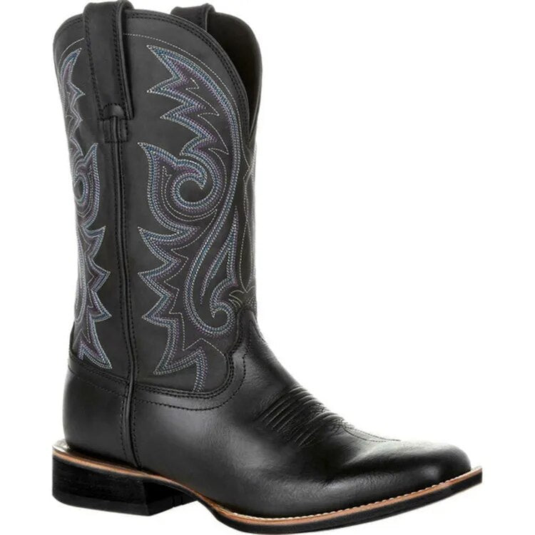 Black mid-calf men's cowboy boots with classic western stitching & square toe. Durable fashion footwear.