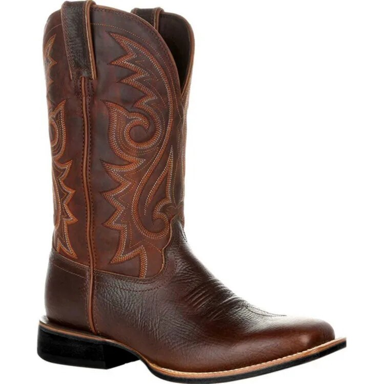 Men's mid-calf brown cowboy boots with square toe & intricate western stitching. Rugged fashion heritage footwear.