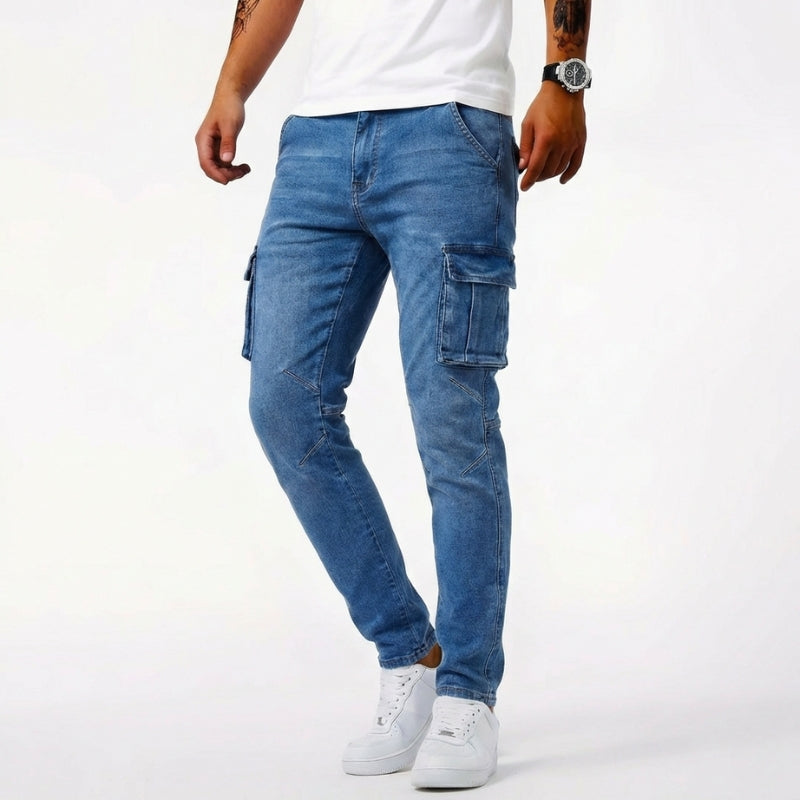 Comfortable men's blue jeans with spacious cargo pockets for everyday wear. Durable denim bottoms designed for lasting performance.