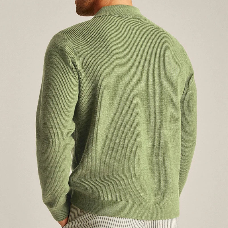 Versatile men's knit button-up cardigan featuring practical patch pockets, great for smart casual wear.
