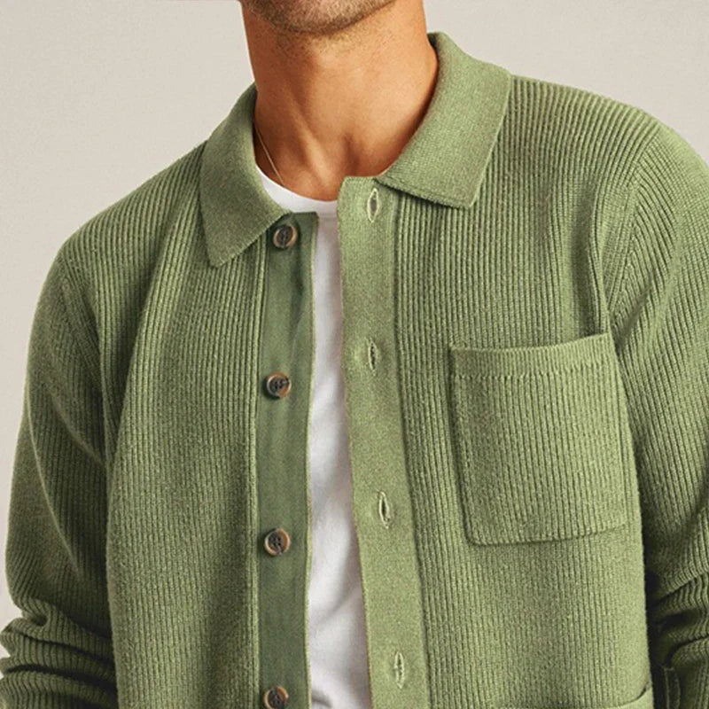 Men's stylish green knit cardigan with patch pockets, perfect for casual fall outfits & comfortable layering.