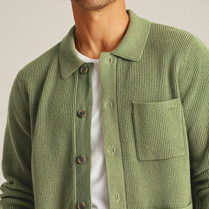 Men's stylish green knit cardigan with patch pockets, perfect for casual fall outfits & comfortable layering.