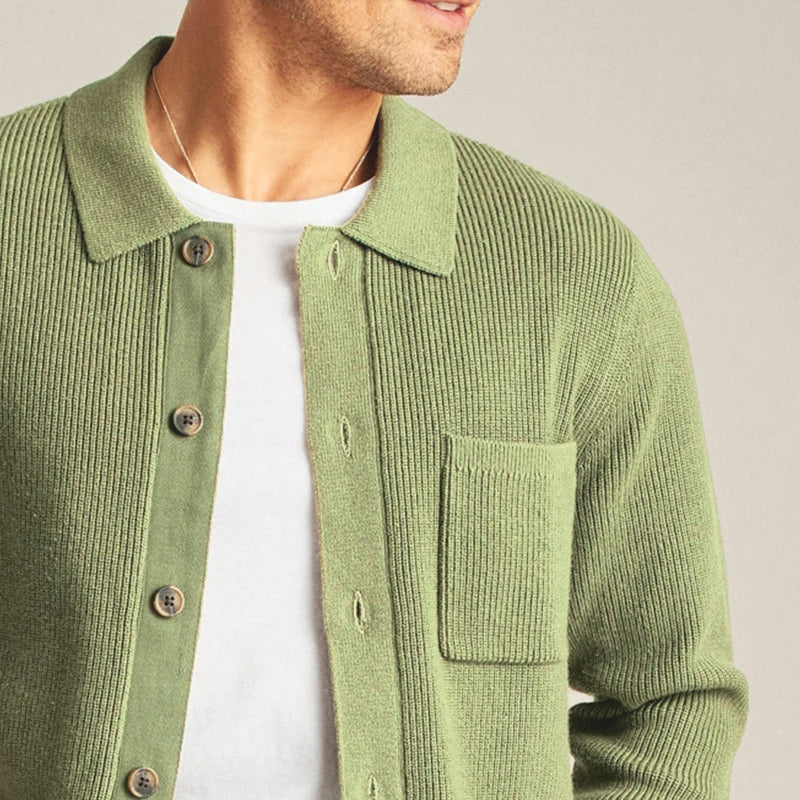 Warm men's button-up knit cardigan in green, designed for comfortable winter wear, featuring patch pockets.