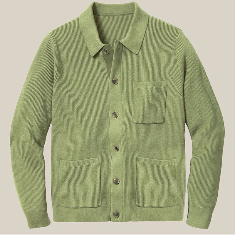 Classic men's green button-up knit cardigan with functional patch pockets, a versatile addition to any wardrobe.