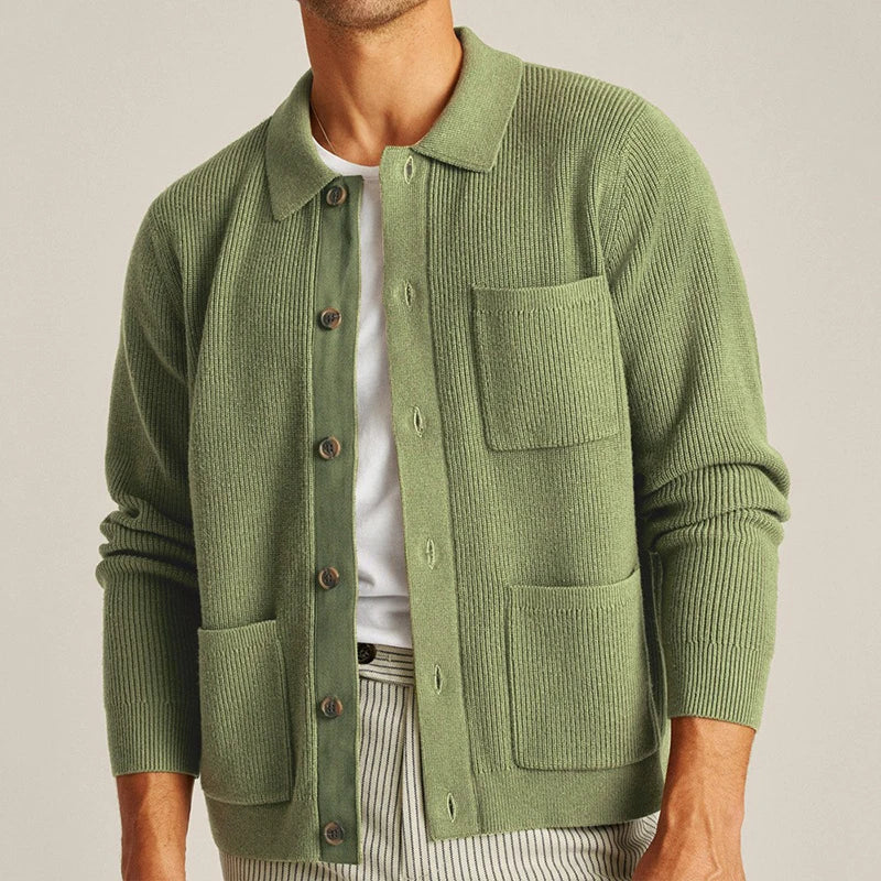 Green men's knit button-up cardigan with patch pockets, ideal for fall & winter layering.