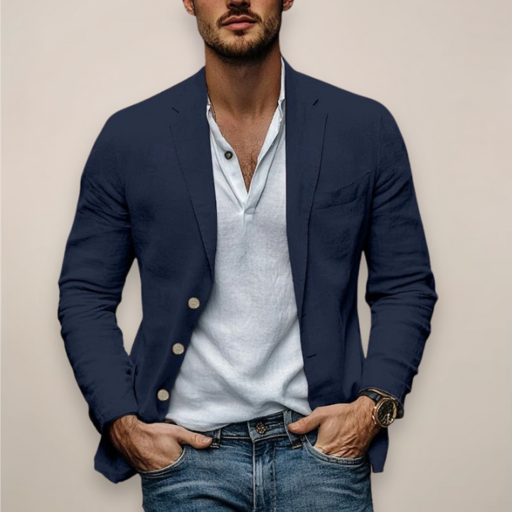 Modern men's summer blazer. Lightweight fabric ensures comfort & style for casual outings or evening wear.