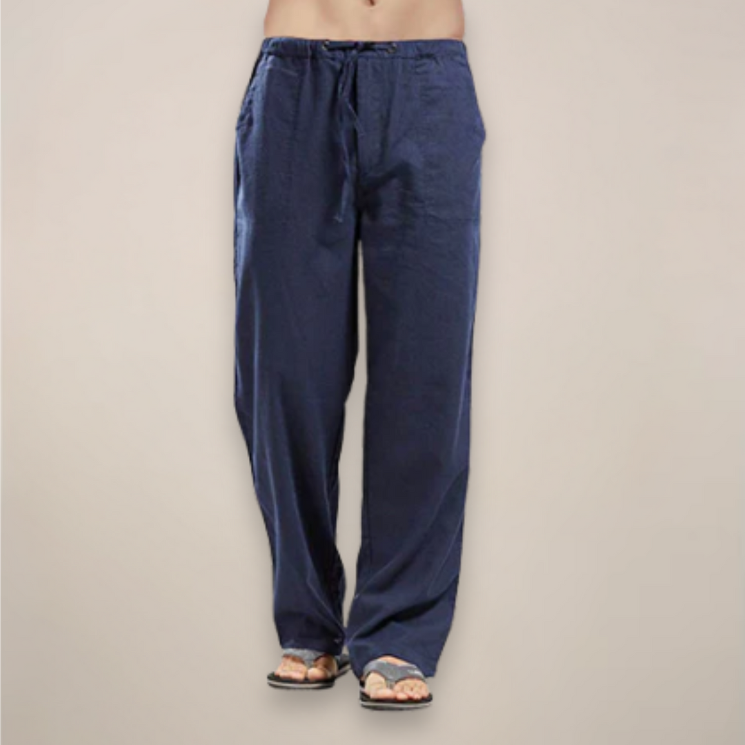 Versatile men's white drawstring lounge pants. Lightweight & comfortable, perfect for travel or everyday wear.