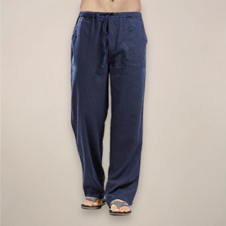 Versatile men's white drawstring lounge pants. Lightweight & comfortable, perfect for travel or everyday wear.