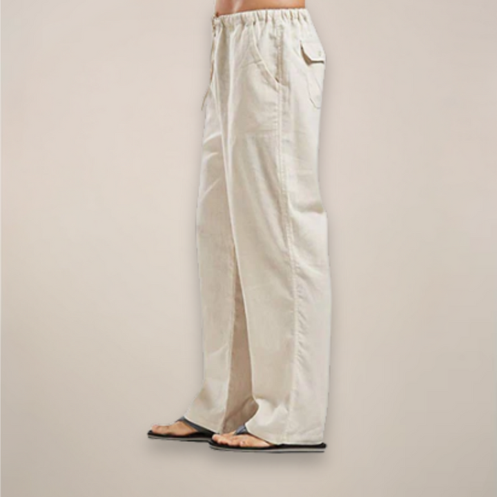 Stylish men's white drawstring pants, relaxed fit for ultimate comfort. Great for summer fashion & travel.