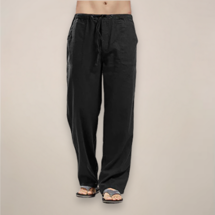 White men's relaxed fit pants with adjustable drawstring, offering lightweight comfort for casual spring/summer style.