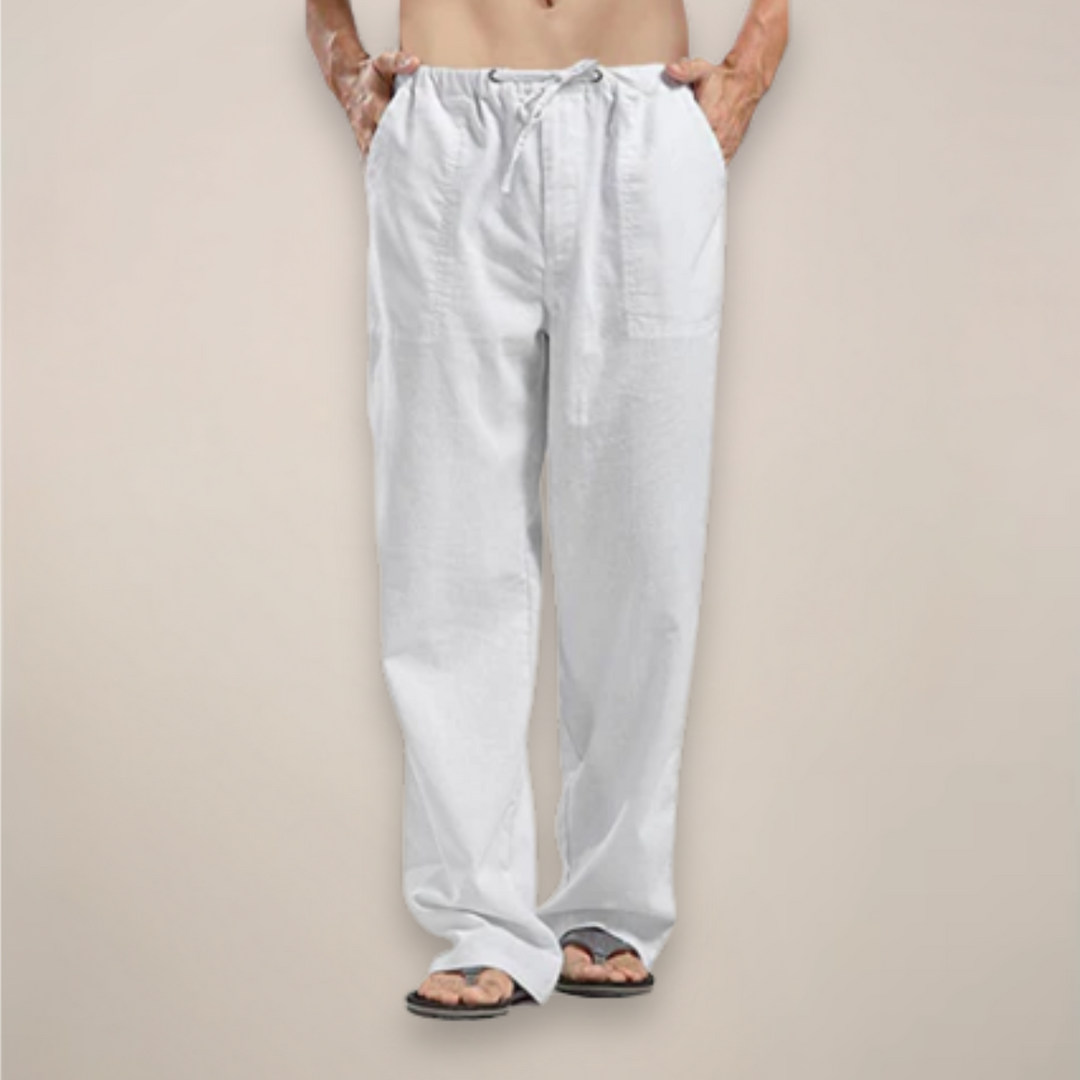 White men's relaxed fit drawstring pants for lightweight comfort. Ideal for casual wear, spring & summer.