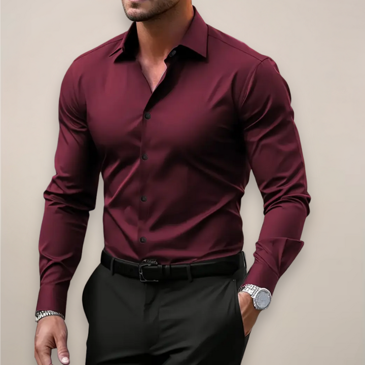 Classic slim-fit long-sleeve men's button-up shirt, great for formal wear, casual style, and daily fashion.