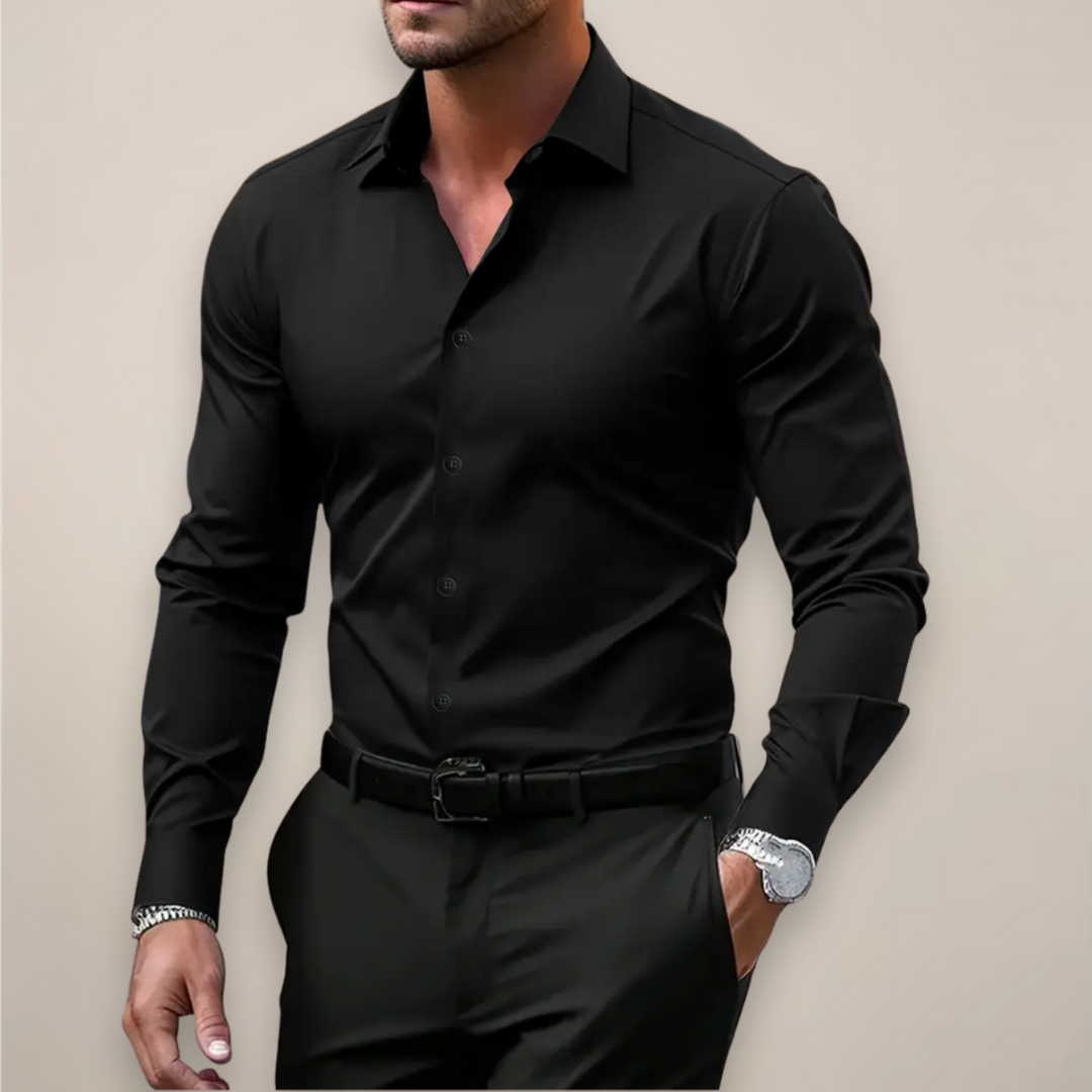 Versatile slim-fit long-sleeve button-up shirt for men, suitable for dress, smart casual, and everyday.