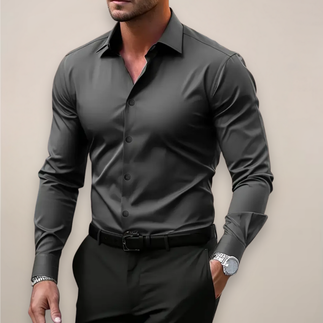 Men's slim-fit long-sleeve button-up shirt for versatile casual and formal styling.