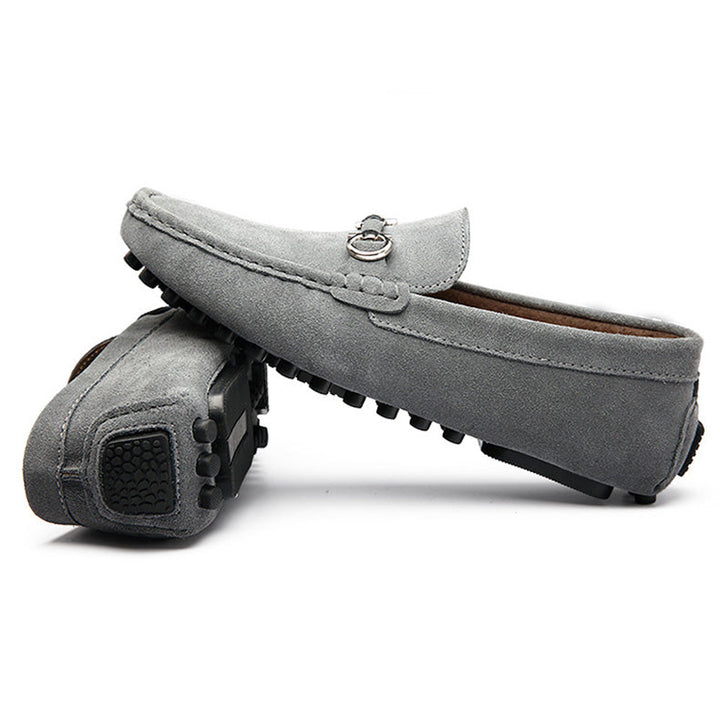 Men's fashion grey slip-on moccasin loafers. Stylish and comfortable driving shoes for casual wear.