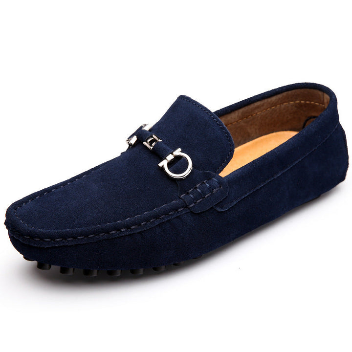 Navy men's stylish moccasin driving loafers. Comfortable slip-on casual footwear for versatile wear.