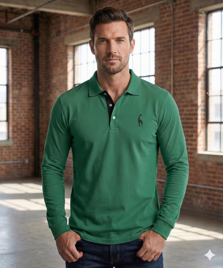 Front view of a men's slim fit long sleeve polo shirt, ideal for a casual, smart everyday look.