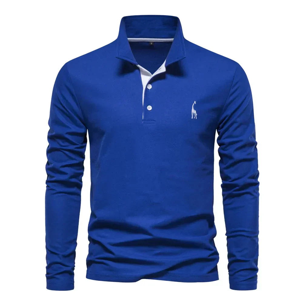Side view of a men's casual long sleeve polo shirt, slim fit for modern men's fashion.