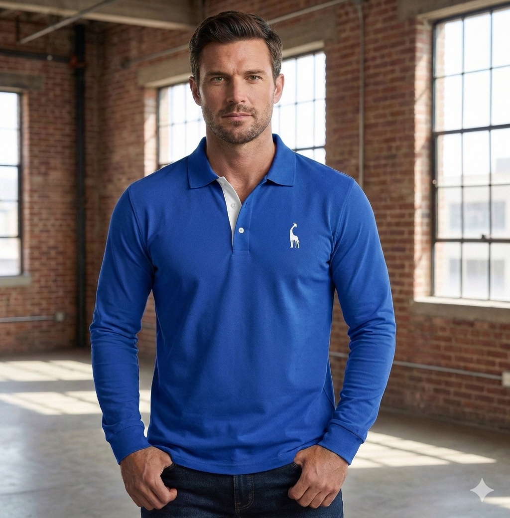 Back view of a men's long sleeve polo shirt, showing slim fit for a neat casual style.