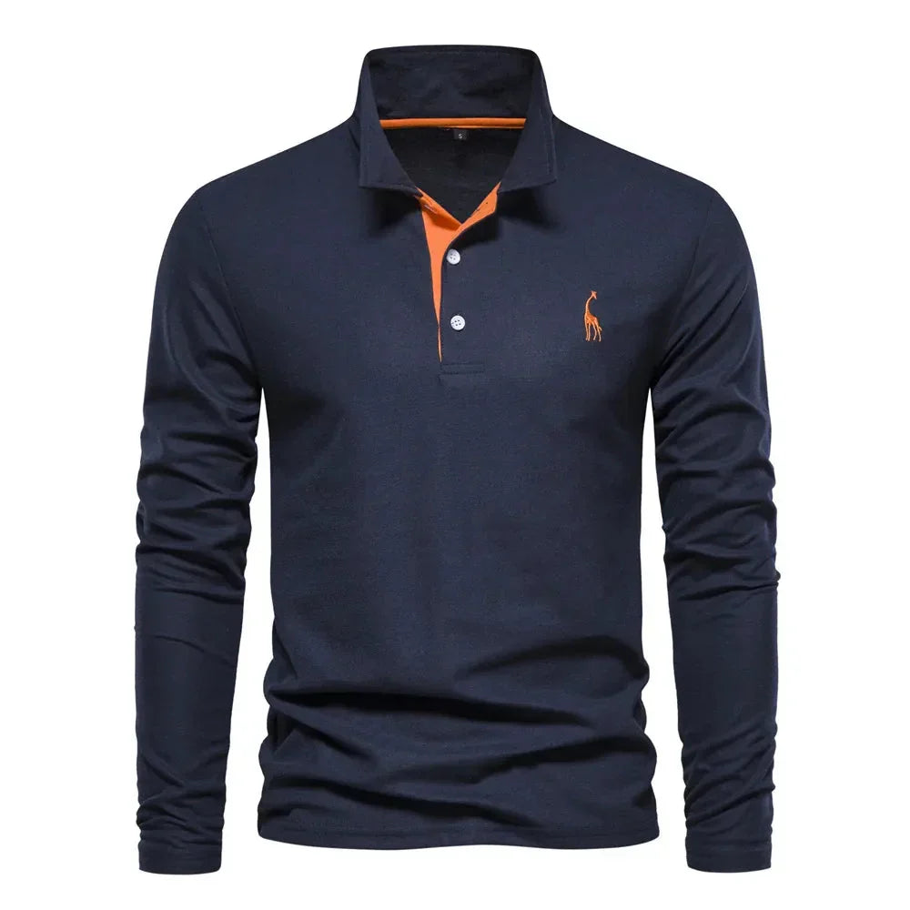 Fine knit men's casual long sleeve polo shirt, slim fit for comfortable everyday fashion.