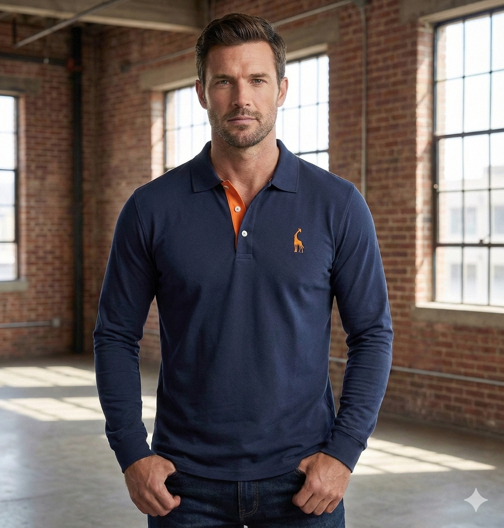 Contemporary men's slim fit long sleeve polo shirt, a versatile smart casual everyday fashion piece.