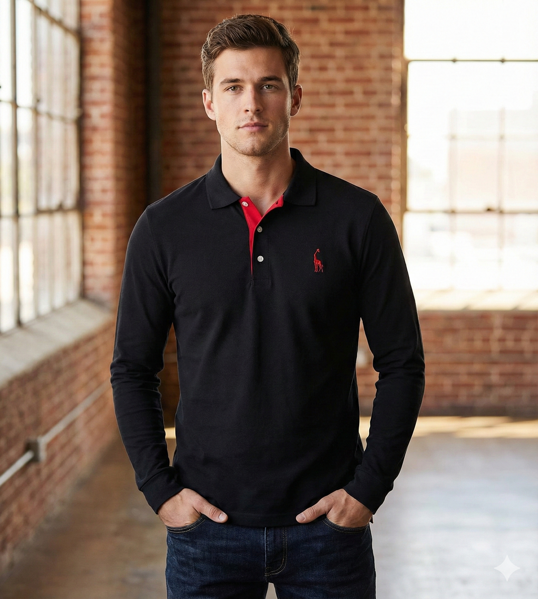Slim fit men's long sleeve polo shirt, ideal for a modern casual and smart fashion look.