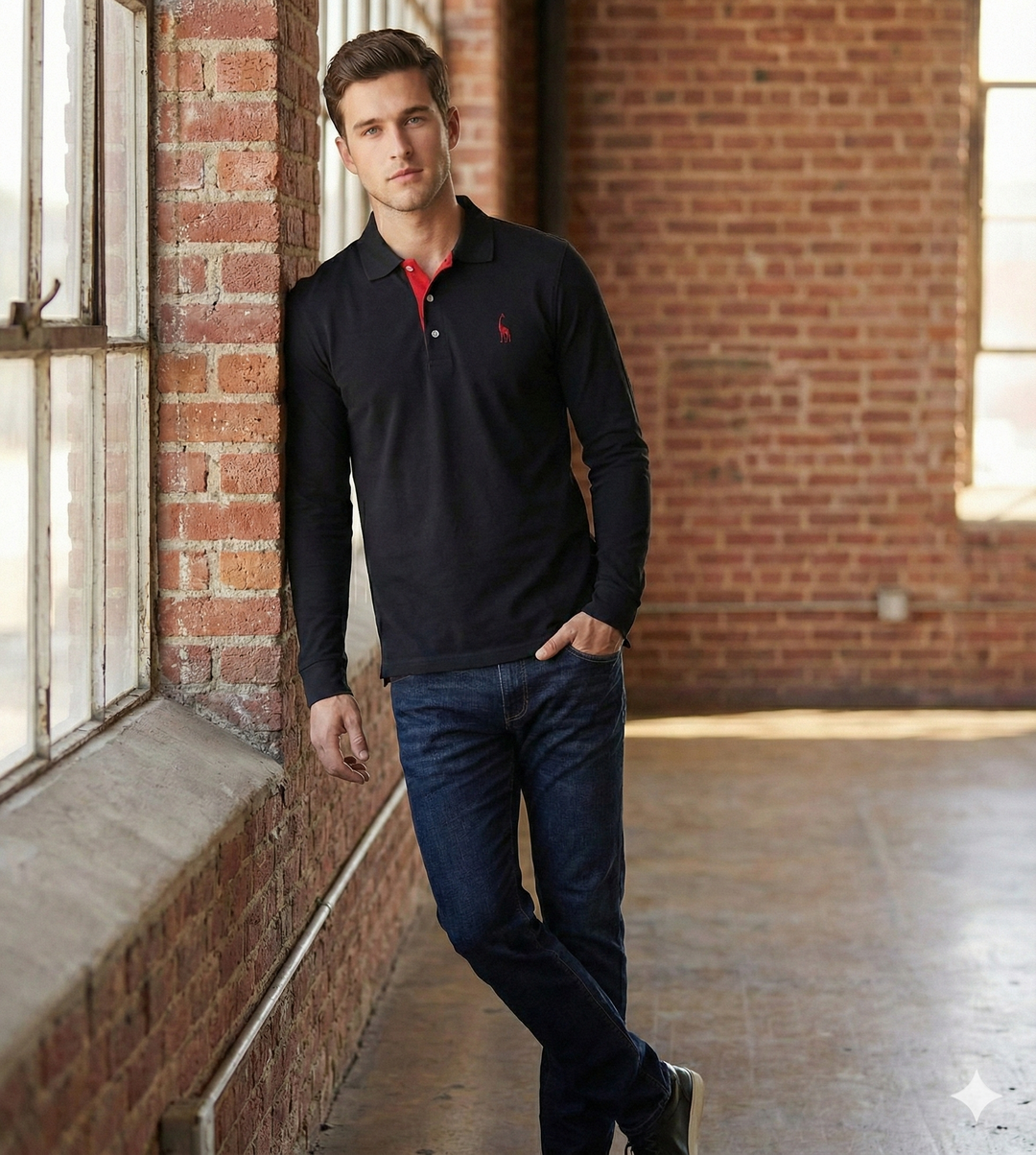 Comfortable men's long sleeve polo shirt in a slim fit, ideal for casual and smart style.