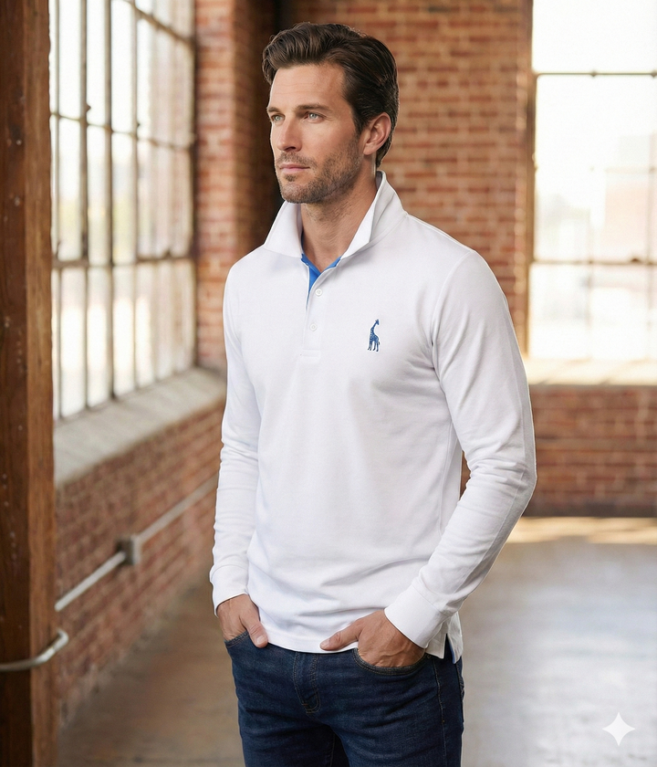 Men's long sleeve polo shirt with classic collar, slim fit for a sharp, smart casual look.