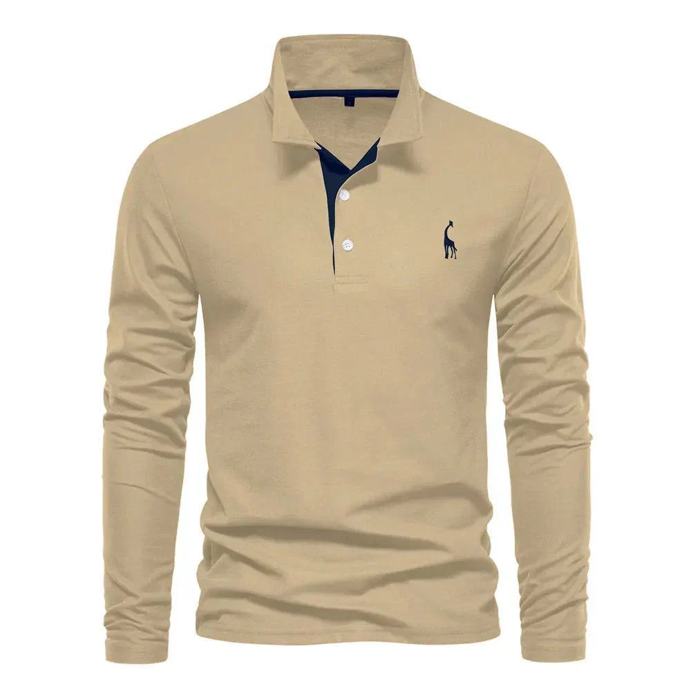Button-down men's slim fit long sleeve polo shirt, ideal for versatile smart casual everyday style.