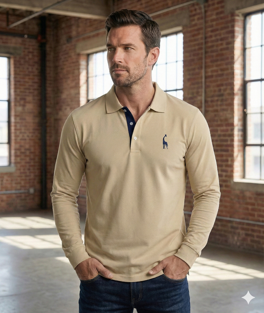 Men's casual slim fit long sleeve polo shirt, perfect for an active, stylish and comfortable day.