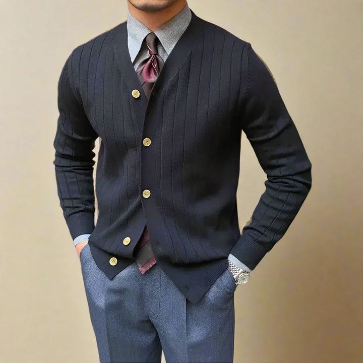 Stylish men's ribbed V-neck cardigan. Slim fit, button-up design for versatile business casual or modern menswear.