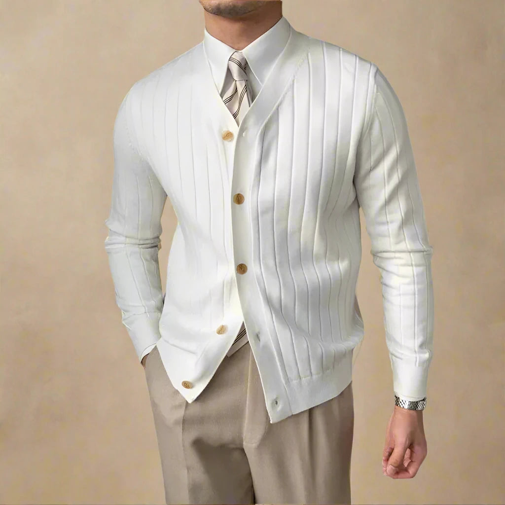 Men's slim fit V-neck ribbed cardigan, perfect for smart casual & office style layering. Button-up design.