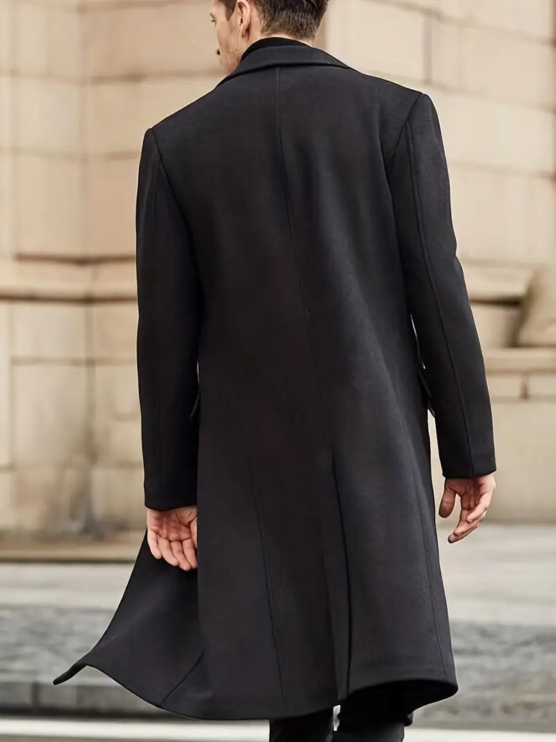 Stylish men's long trench coat with a distinct notched lapel. Ideal slim fit outerwear for sophisticated fall fashion.