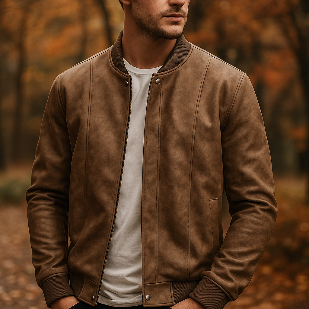 Versatile men's smart casual suede bomber jacket, perfect all-season outerwear with a ribbed collar.