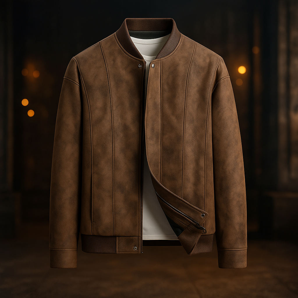 Stylish men's suede bomber jacket featuring a ribbed collar, ideal for casual and smart casual outfits.