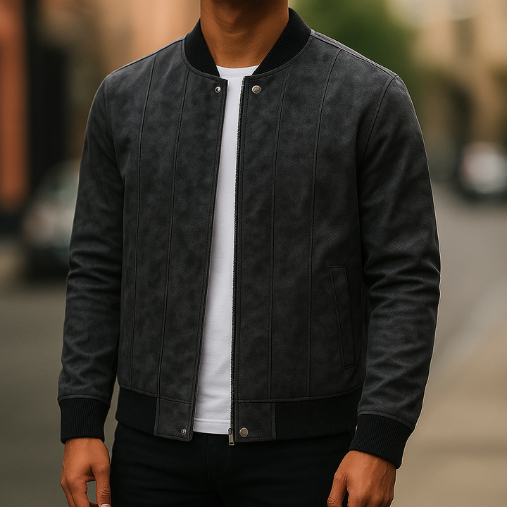Trendy men's fashion bomber jacket made from premium suede, perfect for modern outerwear style.