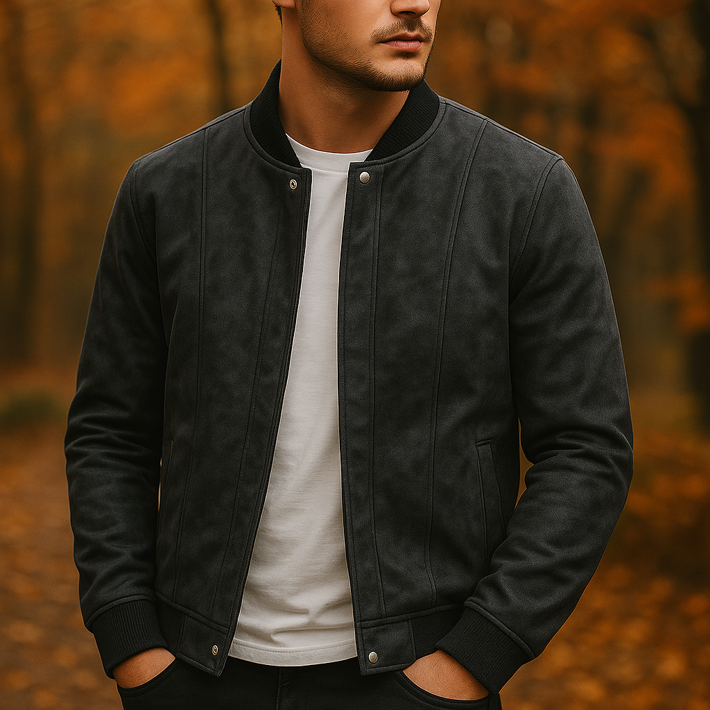 Comfortable men's suede bomber jacket. A versatile piece of casual outerwear with a ribbed collar.