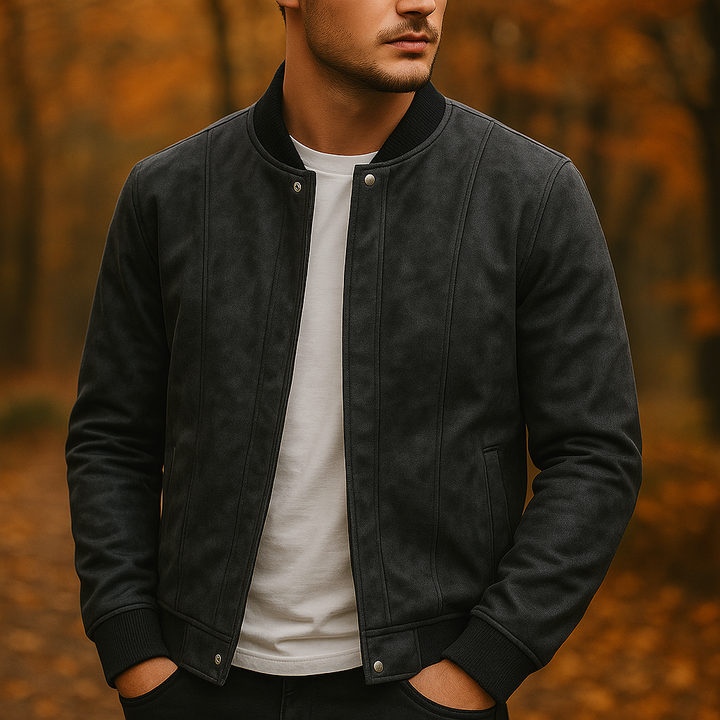 Comfortable men's suede bomber jacket. A versatile piece of casual outerwear with a ribbed collar.