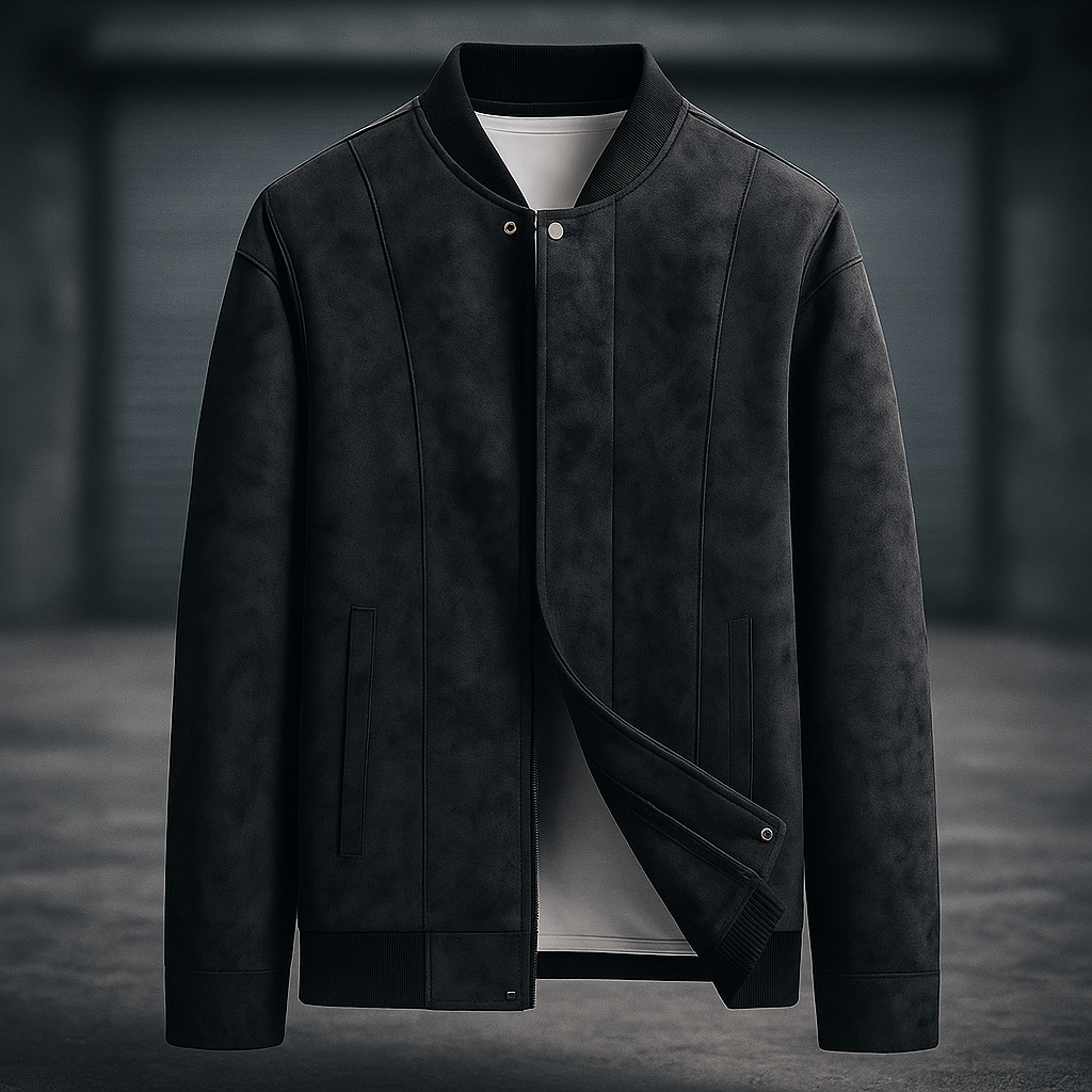High-quality men's premium suede bomber jacket. Durable and stylish outerwear with a classic ribbed collar.