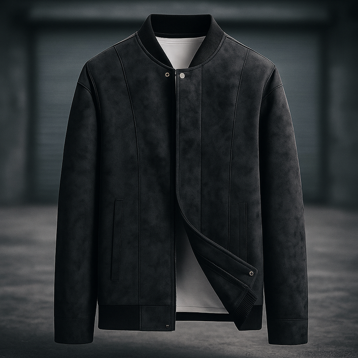 High-quality men's premium suede bomber jacket. Durable and stylish outerwear with a classic ribbed collar.