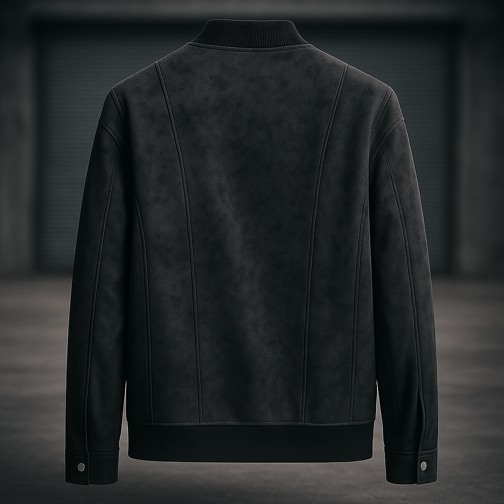 Modern men's suede bomber jacket, featuring a ribbed collar for a sleek smart casual outerwear look.