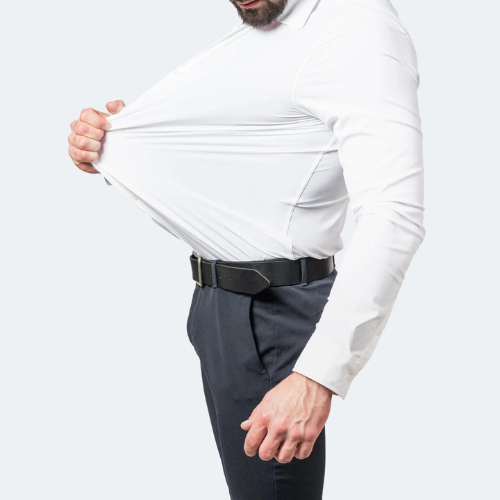 Elegant men's long sleeve dress shirt, tight fit, perfect for business casual & smart events.