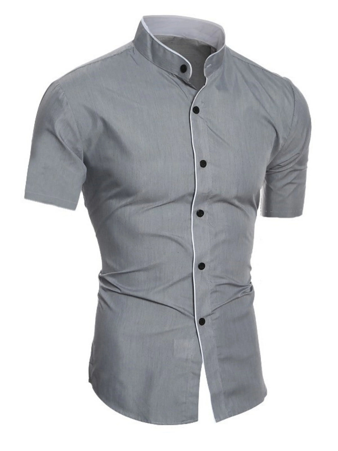 Stylish men's fitted short sleeve button-up shirt with a modern tight fit. Ideal for versatile smart casual outfits.
