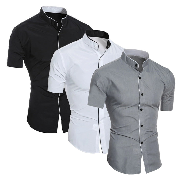 Modern men's fitted short sleeve button-up shirt with a sleek design. Great for a smart casual or everyday look.