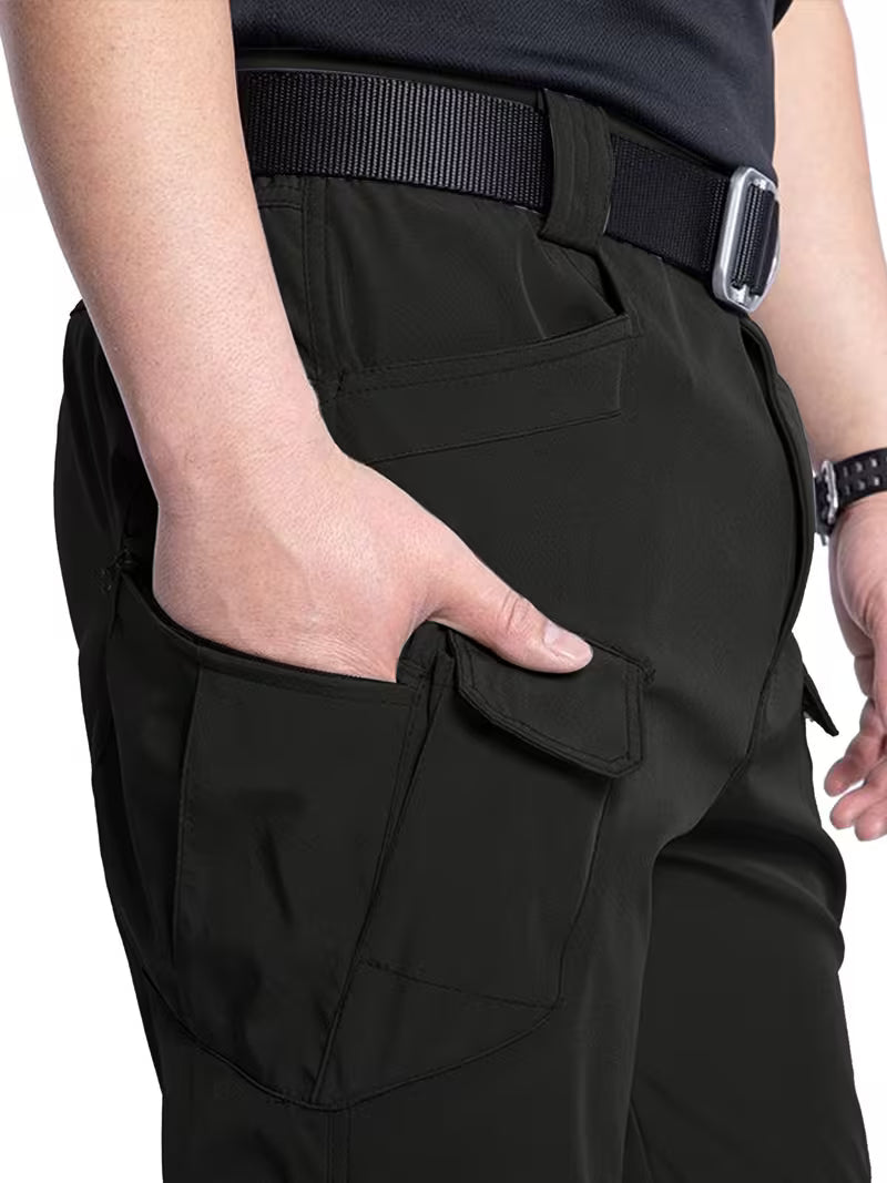 Black men's cargo work pants, featuring multiple pockets for tools and essentials.