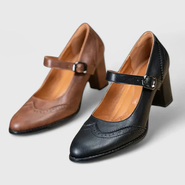 Women's elegant block heel Mary Jane shoes, classic design with a comfortable block heel & buckle.