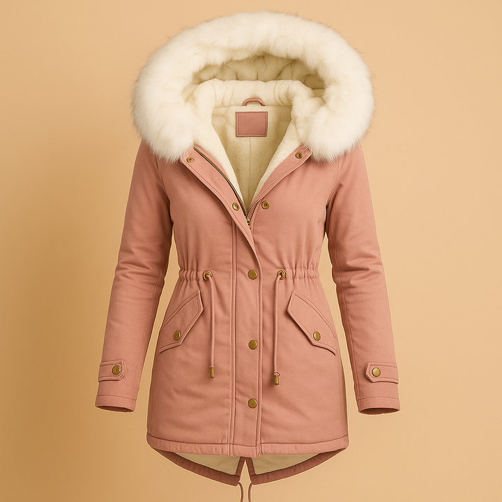 Vibrant women's long winter coat with a luxurious faux fur hood. Tailored, water-resistant, and elegant outerwear.