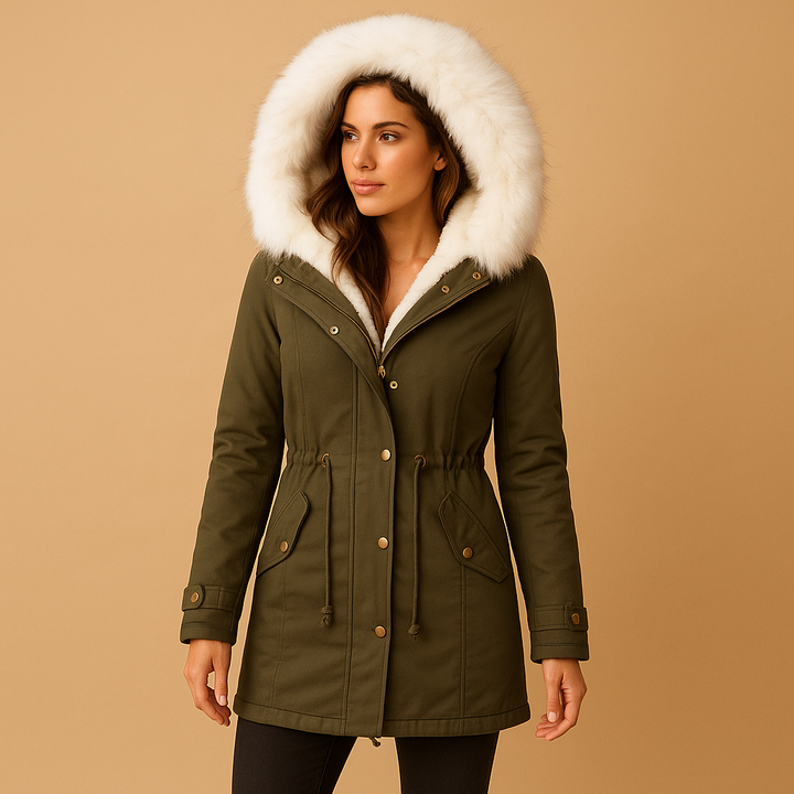 Fashionable women's long winter coat with faux fur hood. Elegant outerwear for stylish cold weather protection.